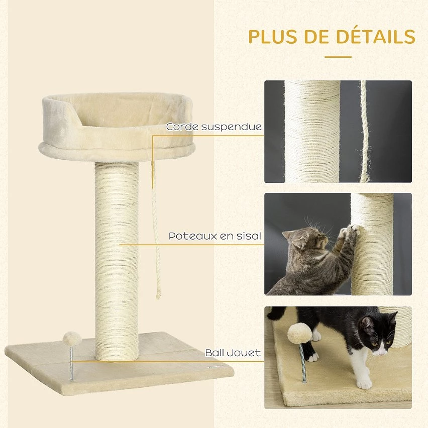 Budget 🔔 Pawhut Arbre à chat griffoir grattoir sisal naturel plateforme d'observation corde d'escalade boule à ressort peluche beige 👍 5 Budget 🔔 Pawhut Arbre à chat griffoir grattoir sisal naturel plateforme d'observation corde d'escalade boule à ressort peluche beige 👍 – Image 5