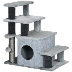 Nouveau 🤩 Pawhut Arbre à chat escalier 2 en 1 - 3 marches, niche, griffoirs, jeu boule suspendue - peluche douce gris 😉