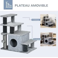 Nouveau 🤩 Pawhut Arbre à chat escalier 2 en 1 - 3 marches, niche, griffoirs, jeu boule suspendue - peluche douce gris 😉 -Promos Chat Boutique 3662970113080 5