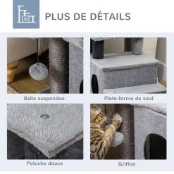 Nouveau 🤩 Pawhut Arbre à chat escalier 2 en 1 - 3 marches, niche, griffoirs, jeu boule suspendue - peluche douce gris 😉 -Promos Chat Boutique 3662970113080 6