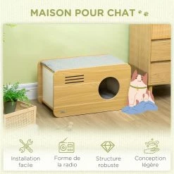 Tout neuf ✔️ Pawhut Maison pour chat design poste de radio - niche chat panier chat - 2 coussins + grattoir sisal amovibles - MDF panneaux aspect bois clair 🎁 -Promos Chat Boutique 3662970113134 4