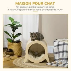 Sortie 🎉 Pawhut Maison pour chat design - niche chat panier chat - coussin amovible, grattoir jute naturelle - panneaux aspect bois clair 🎁 -Promos Chat Boutique 3662970113141 4
