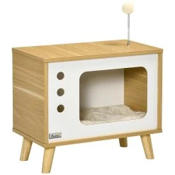 Top 10 🔔 Pawhut Maison pour chat design poste de télévision - niche chat panier chat - 2 coussins amovibles, boule à ressort - panneaux aspect bois clair blanc 😍