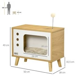Top 10 🔔 Pawhut Maison pour chat design poste de télévision - niche chat panier chat - 2 coussins amovibles, boule à ressort - panneaux aspect bois clair blanc 😍 -Promos Chat Boutique 3662970113165 3