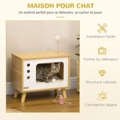 Top 10 🔔 Pawhut Maison pour chat design poste de télévision - niche chat panier chat - 2 coussins amovibles, boule à ressort - panneaux aspect bois clair blanc 😍 -Promos Chat Boutique 3662970113165 4