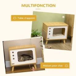 Top 10 🔔 Pawhut Maison pour chat design poste de télévision - niche chat panier chat - 2 coussins amovibles, boule à ressort - panneaux aspect bois clair blanc 😍 -Promos Chat Boutique 3662970113165 5