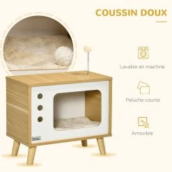 Top 10 🔔 Pawhut Maison pour chat design poste de télévision - niche chat panier chat - 2 coussins amovibles, boule à ressort - panneaux aspect bois clair blanc 😍 -Promos Chat Boutique 3662970113165 6
