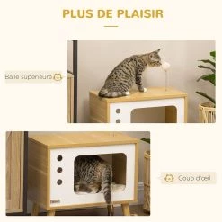 Top 10 🔔 Pawhut Maison pour chat design poste de télévision - niche chat panier chat - 2 coussins amovibles, boule à ressort - panneaux aspect bois clair blanc 😍 -Promos Chat Boutique 3662970113165 7