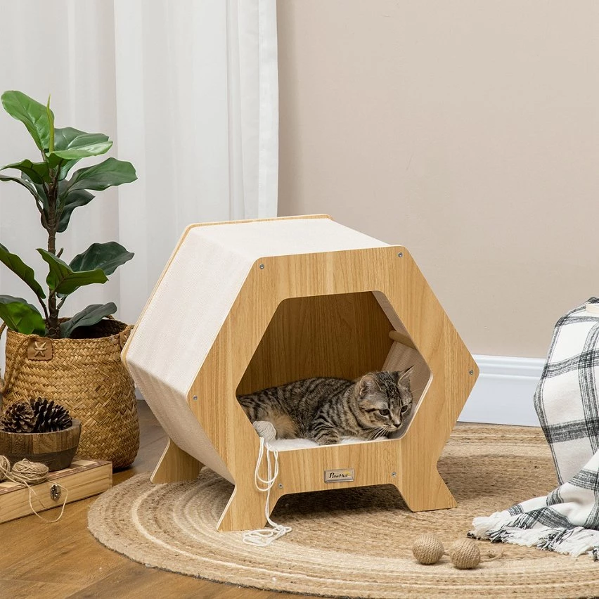 De gros 🎁 Pawhut Maison pour chat design hexagonal - niche chat panier chat - coussin fourrure amovible, grattoir jute naturelle - contreplaqué aspect bois clair 💯 2 De gros 🎁 Pawhut Maison pour chat design hexagonal - niche chat panier chat - coussin fourrure amovible, grattoir jute naturelle - contreplaqué aspect bois clair 💯 – Image 2