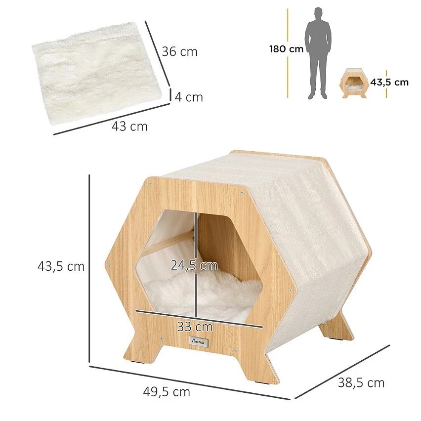 De gros 🎁 Pawhut Maison pour chat design hexagonal - niche chat panier chat - coussin fourrure amovible, grattoir jute naturelle - contreplaqué aspect bois clair 💯 3 De gros 🎁 Pawhut Maison pour chat design hexagonal - niche chat panier chat - coussin fourrure amovible, grattoir jute naturelle - contreplaqué aspect bois clair 💯 – Image 3
