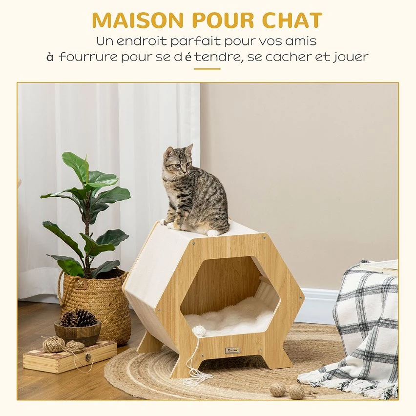 De gros 🎁 Pawhut Maison pour chat design hexagonal - niche chat panier chat - coussin fourrure amovible, grattoir jute naturelle - contreplaqué aspect bois clair 💯 5 De gros 🎁 Pawhut Maison pour chat design hexagonal - niche chat panier chat - coussin fourrure amovible, grattoir jute naturelle - contreplaqué aspect bois clair 💯 – Image 5