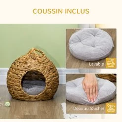 Grosses soldes 🔔 Pawhut Panier chat jacinthe d'eau lit chat cosy grand confort dim. 41L x 38l x 41H cm poignée coussin moelleux gris inclus 🤩 -Promos Chat Boutique 3662970113318 5