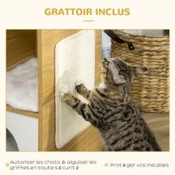 Nouveau 🎁 Pawhut Maison pour chat design - niche chat panier chat - 3 coussins + grattoir sisal inclus - panneaux aspect chêne clair 😀 -Promos Chat Boutique 3662970113943 5