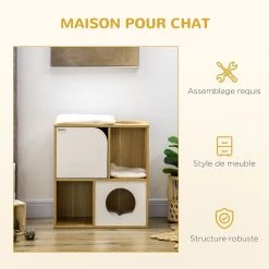 Nouveau 🎁 Pawhut Maison pour chat design - niche chat panier chat - 3 coussins + grattoir sisal inclus - panneaux aspect chêne clair 😀 -Promos Chat Boutique 3662970113943 7