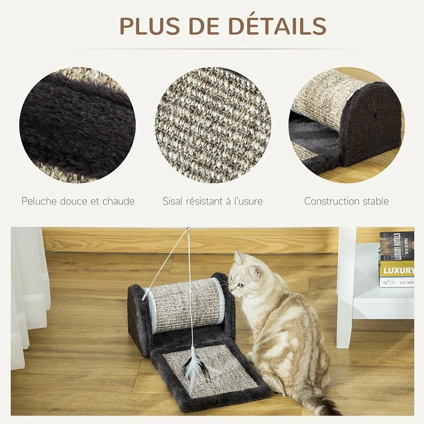 Le moins cher ⭐ Pawhut Arbre à chat - grattoir cylindrique et tapis - jeu plume suspendue - sisal peluche courte haute densité gris 😍 6 Le moins cher ⭐ Pawhut Arbre à chat - grattoir cylindrique et tapis - jeu plume suspendue - sisal peluche courte haute densité gris 😍 – Image 6