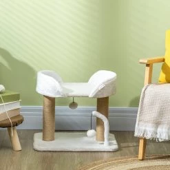 Promo 🎁 Pawhut Arbre à chat 2 griffoirs jute naturelle panier jeu 2 boules suspendues avec clochettes peluche blanche ⭐ -Promos Chat Boutique 3662970114643 4