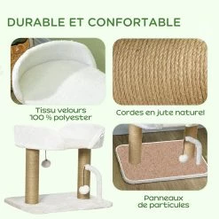 Promo 🎁 Pawhut Arbre à chat 2 griffoirs jute naturelle panier jeu 2 boules suspendues avec clochettes peluche blanche ⭐ -Promos Chat Boutique 3662970114643 5
