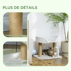 Promo 🎁 Pawhut Arbre à chat 2 griffoirs jute naturelle panier jeu 2 boules suspendues avec clochettes peluche blanche ⭐ -Promos Chat Boutique 3662970114643 6