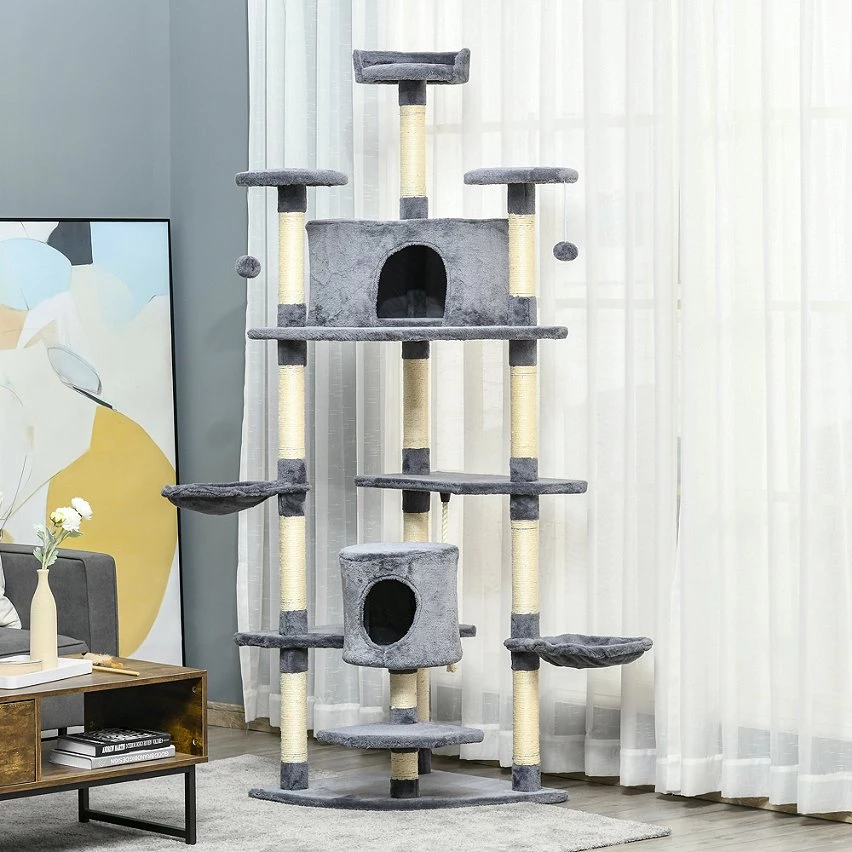Meilleure affaire 😉 Pawhut Arbre à chat multi-équipement griffoirs 2 niches 2 hamacs plateformes boules suspendues corde peluche grise 🔥 2 Meilleure affaire 😉 Pawhut Arbre à chat multi-équipement griffoirs 2 niches 2 hamacs plateformes boules suspendues corde peluche grise 🔥 – Image 2