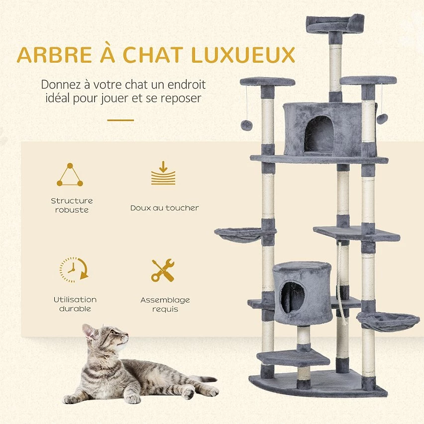 Meilleure affaire 😉 Pawhut Arbre à chat multi-équipement griffoirs 2 niches 2 hamacs plateformes boules suspendues corde peluche grise 🔥 4 Meilleure affaire 😉 Pawhut Arbre à chat multi-équipement griffoirs 2 niches 2 hamacs plateformes boules suspendues corde peluche grise 🔥 – Image 4