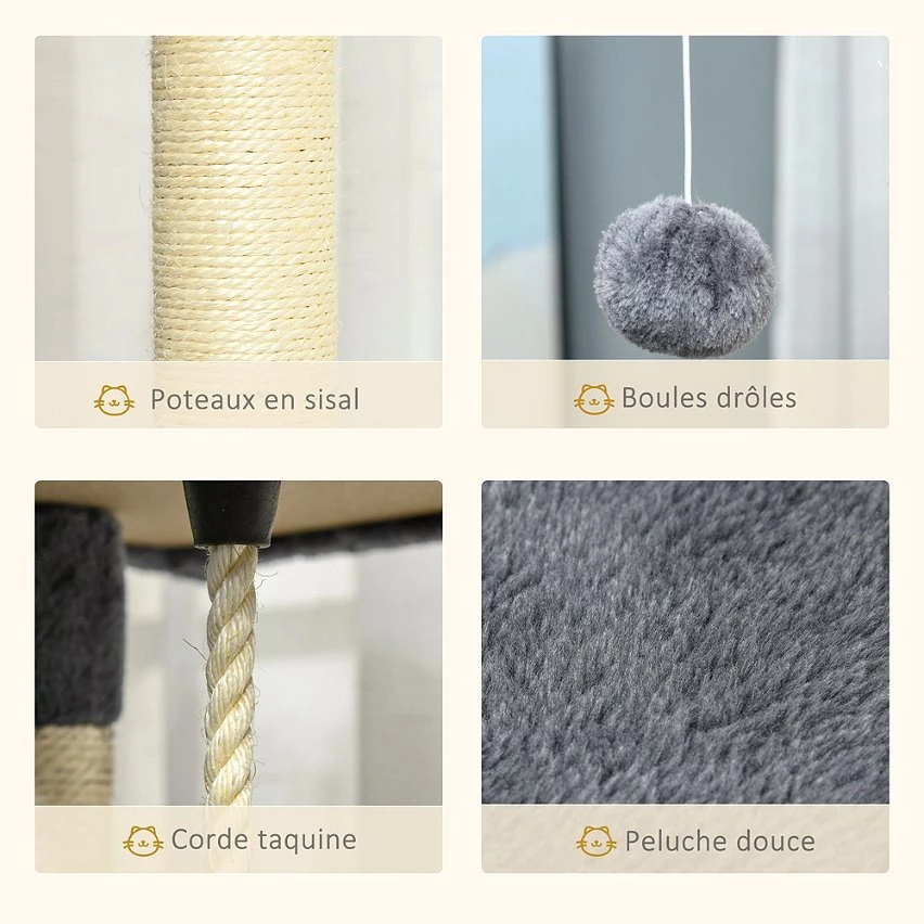 Meilleure affaire 😉 Pawhut Arbre à chat multi-équipement griffoirs 2 niches 2 hamacs plateformes boules suspendues corde peluche grise 🔥 5 Meilleure affaire 😉 Pawhut Arbre à chat multi-équipement griffoirs 2 niches 2 hamacs plateformes boules suspendues corde peluche grise 🔥 – Image 5