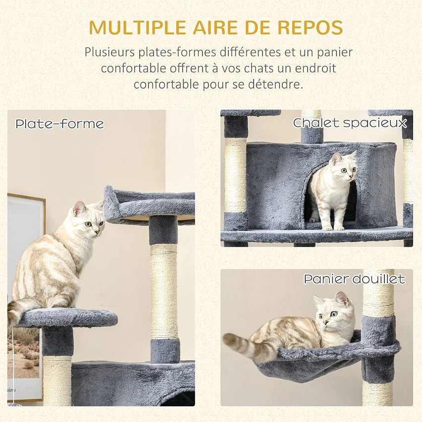 Meilleure affaire 😉 Pawhut Arbre à chat multi-équipement griffoirs 2 niches 2 hamacs plateformes boules suspendues corde peluche grise 🔥 6 Meilleure affaire 😉 Pawhut Arbre à chat multi-équipement griffoirs 2 niches 2 hamacs plateformes boules suspendues corde peluche grise 🔥 – Image 6