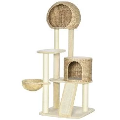 De gros 🥰 Pawhut Arbre à chat style cosy chic griffoirs grattoir sisal 2 grandes niches plateforme hamac peluche courte beige jacinthe d'eau ⭐