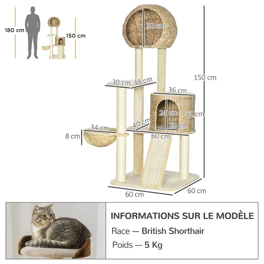 De gros 🥰 Pawhut Arbre à chat style cosy chic griffoirs grattoir sisal 2 grandes niches plateforme hamac peluche courte beige jacinthe d'eau ⭐ 3 De gros 🥰 Pawhut Arbre à chat style cosy chic griffoirs grattoir sisal 2 grandes niches plateforme hamac peluche courte beige jacinthe d'eau ⭐ – Image 3