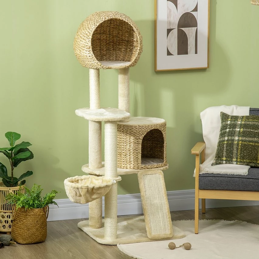 De gros 🥰 Pawhut Arbre à chat style cosy chic griffoirs grattoir sisal 2 grandes niches plateforme hamac peluche courte beige jacinthe d'eau ⭐ 4 De gros 🥰 Pawhut Arbre à chat style cosy chic griffoirs grattoir sisal 2 grandes niches plateforme hamac peluche courte beige jacinthe d'eau ⭐ – Image 4