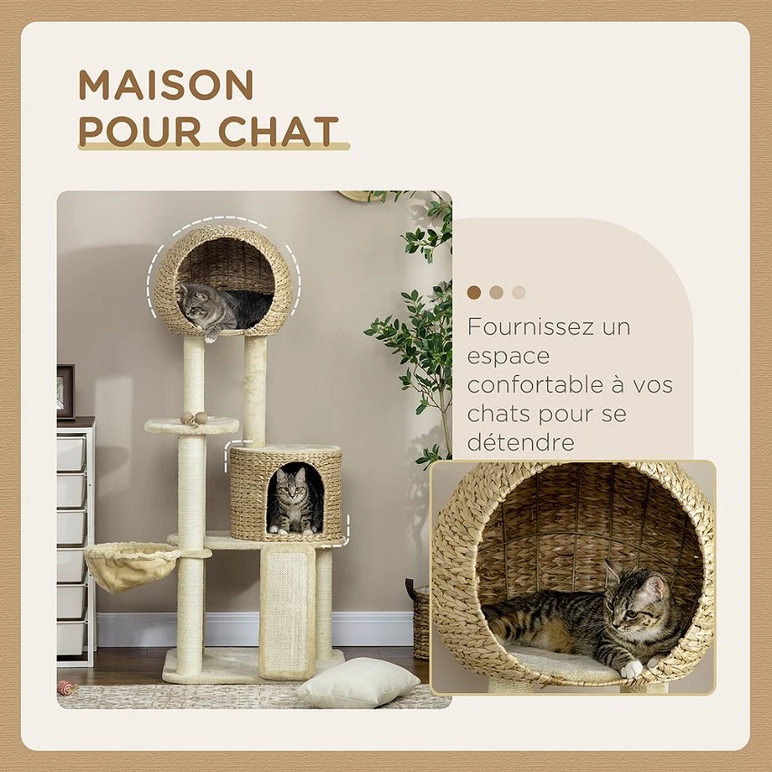 De gros 🥰 Pawhut Arbre à chat style cosy chic griffoirs grattoir sisal 2 grandes niches plateforme hamac peluche courte beige jacinthe d'eau ⭐ 5 De gros 🥰 Pawhut Arbre à chat style cosy chic griffoirs grattoir sisal 2 grandes niches plateforme hamac peluche courte beige jacinthe d'eau ⭐ – Image 5
