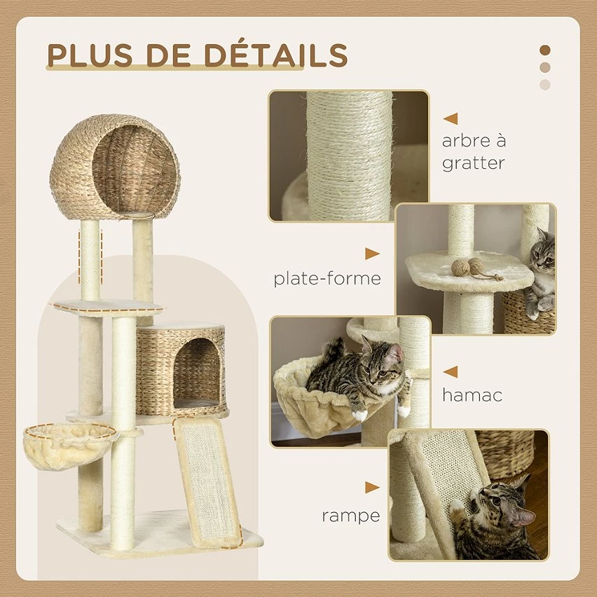 De gros 🥰 Pawhut Arbre à chat style cosy chic griffoirs grattoir sisal 2 grandes niches plateforme hamac peluche courte beige jacinthe d'eau ⭐ 6 De gros 🥰 Pawhut Arbre à chat style cosy chic griffoirs grattoir sisal 2 grandes niches plateforme hamac peluche courte beige jacinthe d'eau ⭐ – Image 6
