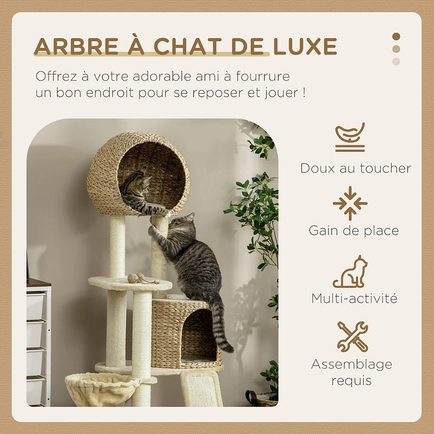 De gros 🥰 Pawhut Arbre à chat style cosy chic griffoirs grattoir sisal 2 grandes niches plateforme hamac peluche courte beige jacinthe d'eau ⭐ 7 De gros 🥰 Pawhut Arbre à chat style cosy chic griffoirs grattoir sisal 2 grandes niches plateforme hamac peluche courte beige jacinthe d'eau ⭐ – Image 7