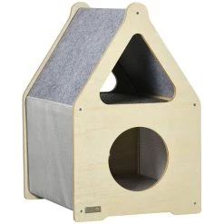 Remise 💯 Pawhut Maison pour chat design maisonnette - niche chat panier chat - 2 coussins amovibles, 2 niv. - panneaux aspect bois clair polyester gris ⌛