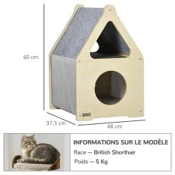 Remise 💯 Pawhut Maison pour chat design maisonnette - niche chat panier chat - 2 coussins amovibles, 2 niv. - panneaux aspect bois clair polyester gris ⌛ -Promos Chat Boutique 3662970115046 3
