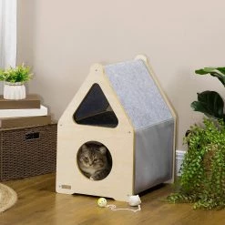 Remise 💯 Pawhut Maison pour chat design maisonnette - niche chat panier chat - 2 coussins amovibles, 2 niv. - panneaux aspect bois clair polyester gris ⌛ -Promos Chat Boutique 3662970115046 4
