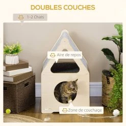 Remise 💯 Pawhut Maison pour chat design maisonnette - niche chat panier chat - 2 coussins amovibles, 2 niv. - panneaux aspect bois clair polyester gris ⌛ -Promos Chat Boutique 3662970115046 6