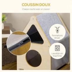 Remise 💯 Pawhut Maison pour chat design maisonnette - niche chat panier chat - 2 coussins amovibles, 2 niv. - panneaux aspect bois clair polyester gris ⌛ -Promos Chat Boutique 3662970115046 7