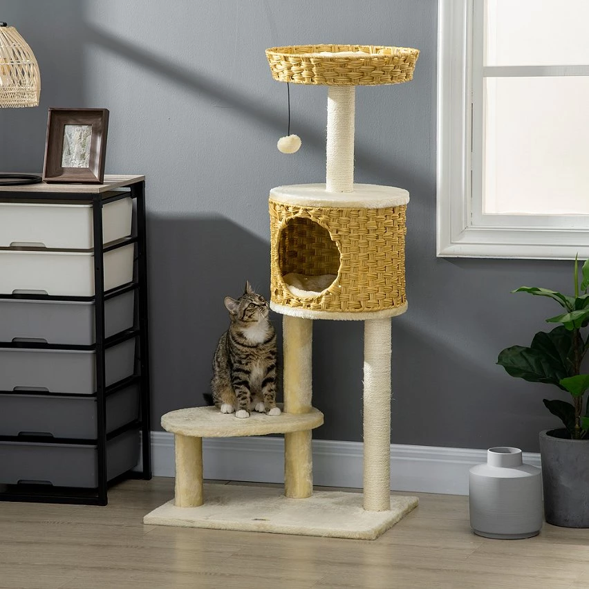 Meilleur prix 🔥 Pawhut Arbre à chat style cosy chic griffoirs sisal naturel niche coussin plateforme panier observation boule suspendue résine tressée beige ✔️ 2 Meilleur prix 🔥 Pawhut Arbre à chat style cosy chic griffoirs sisal naturel niche coussin plateforme panier observation boule suspendue résine tressée beige ✔️ – Image 2