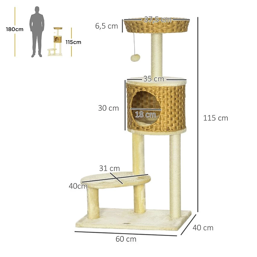 Meilleur prix 🔥 Pawhut Arbre à chat style cosy chic griffoirs sisal naturel niche coussin plateforme panier observation boule suspendue résine tressée beige ✔️ 3 Meilleur prix 🔥 Pawhut Arbre à chat style cosy chic griffoirs sisal naturel niche coussin plateforme panier observation boule suspendue résine tressée beige ✔️ – Image 3