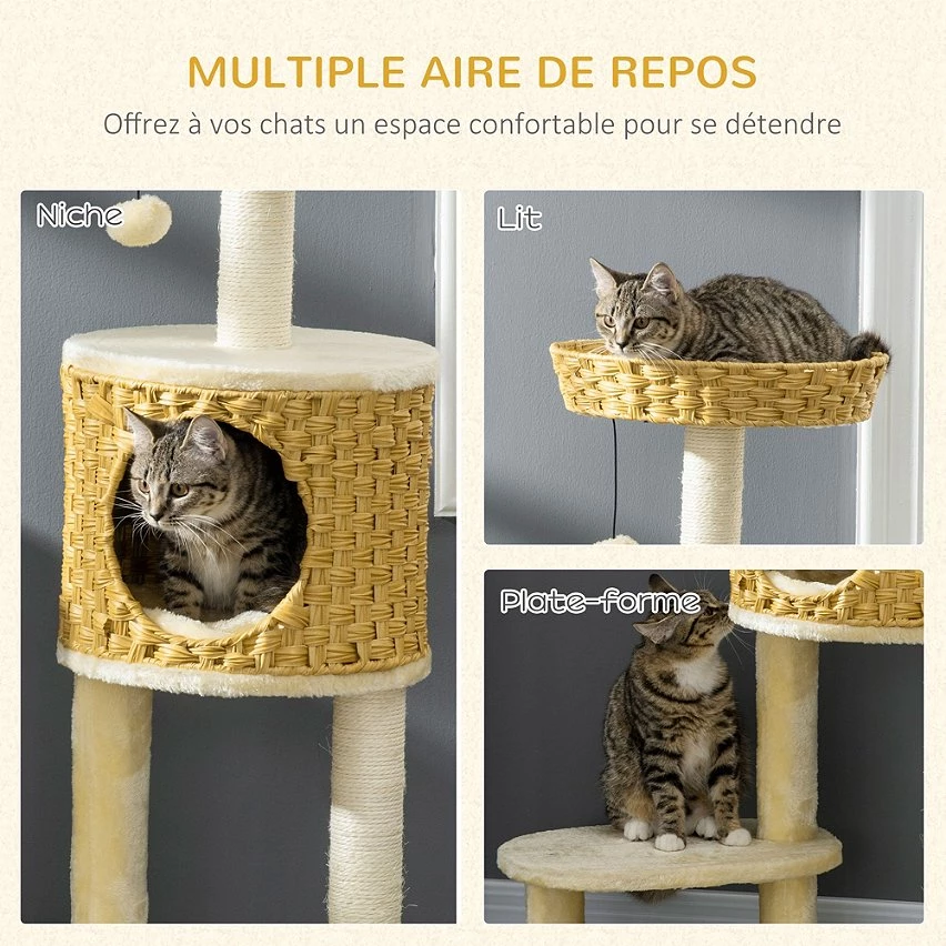 Meilleur prix 🔥 Pawhut Arbre à chat style cosy chic griffoirs sisal naturel niche coussin plateforme panier observation boule suspendue résine tressée beige ✔️ 4 Meilleur prix 🔥 Pawhut Arbre à chat style cosy chic griffoirs sisal naturel niche coussin plateforme panier observation boule suspendue résine tressée beige ✔️ – Image 4