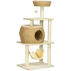 Vente flash 🔥 Pawhut Arbre à chat style cosy chic griffoirs sisal naturel niche coussin hamac plateforme panier observation boule suspendue résine tressée beige ⭐
