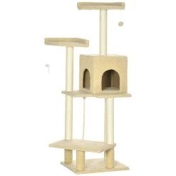 Meilleure vente ✨ Pawhut Arbre à chat avec griffoirs niche 3 plateformes corde escalade boule et plume suspendues peluche effet laine bouclée beige ✔️