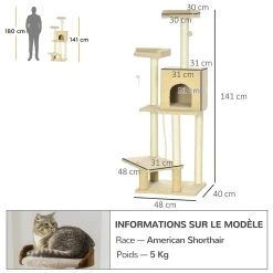Meilleure vente ✨ Pawhut Arbre à chat avec griffoirs niche 3 plateformes corde escalade boule et plume suspendues peluche effet laine bouclée beige ✔️ -Promos Chat Boutique 3662970115169 3