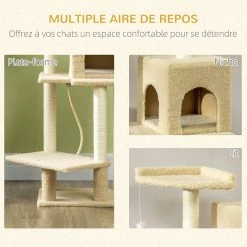 Meilleure vente ✨ Pawhut Arbre à chat avec griffoirs niche 3 plateformes corde escalade boule et plume suspendues peluche effet laine bouclée beige ✔️ -Promos Chat Boutique 3662970115169 4
