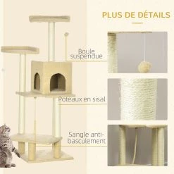 Meilleure vente ✨ Pawhut Arbre à chat avec griffoirs niche 3 plateformes corde escalade boule et plume suspendues peluche effet laine bouclée beige ✔️ -Promos Chat Boutique 3662970115169 5