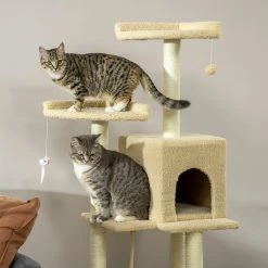 Meilleure vente ✨ Pawhut Arbre à chat avec griffoirs niche 3 plateformes corde escalade boule et plume suspendues peluche effet laine bouclée beige ✔️ -Promos Chat Boutique 3662970115169 7