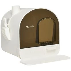Meilleur prix 😉 Pawhut Maison de toilette bac à litière pour chat avec porte battante, pelle et filtre inclus dim. 43L x 44l x 47H cm PP blanc marron fumé 🧨 -Promos Chat Boutique 3662970115534 1
