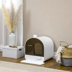 Meilleur prix 😉 Pawhut Maison de toilette bac à litière pour chat avec porte battante, pelle et filtre inclus dim. 43L x 44l x 47H cm PP blanc marron fumé 🧨 -Promos Chat Boutique 3662970115534 2