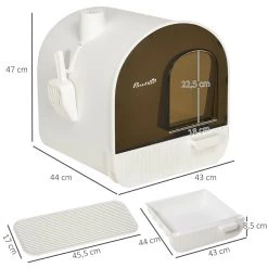 Meilleur prix 😉 Pawhut Maison de toilette bac à litière pour chat avec porte battante, pelle et filtre inclus dim. 43L x 44l x 47H cm PP blanc marron fumé 🧨 -Promos Chat Boutique 3662970115534 3