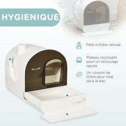 Meilleur prix 😉 Pawhut Maison de toilette bac à litière pour chat avec porte battante, pelle et filtre inclus dim. 43L x 44l x 47H cm PP blanc marron fumé 🧨 -Promos Chat Boutique 3662970115534 4